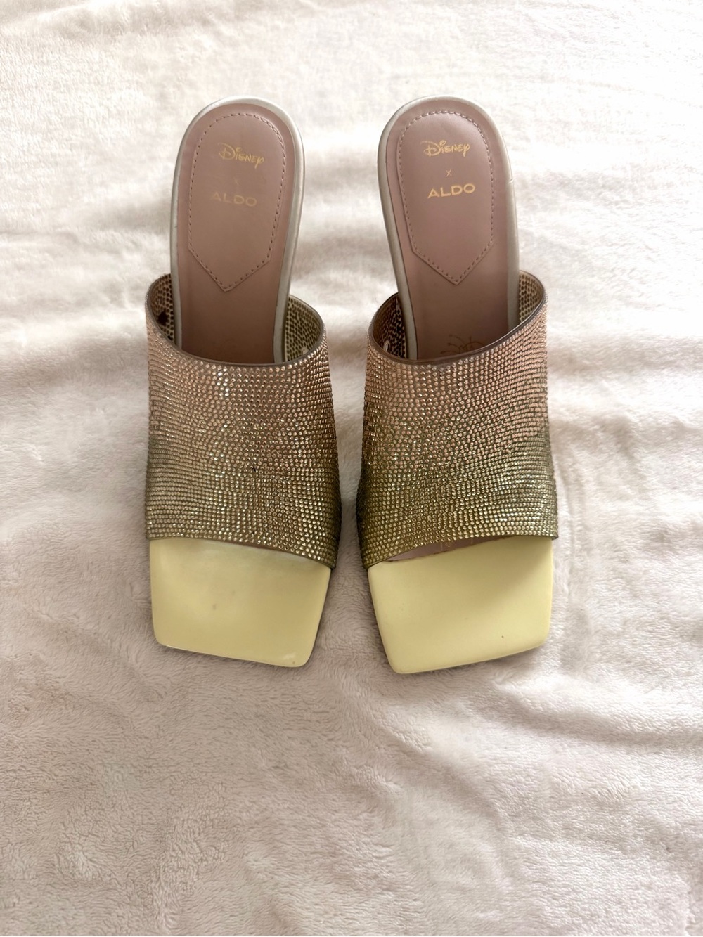 Disney x ALDO Crystal Rhinestone Mule Heels | Glam Gold Slip On Sandals